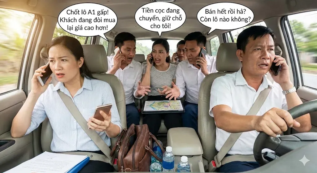 Các đối tượng chân gỗ cò đất đóng kịch tranh nhau mua đất trên xe để tạo hiệu ứng FOMO lừa người mua