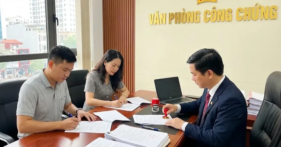 Hình ảnh người mua và người bán đang ký kết Hợp đồng chuyển nhượng quyền sử dụng đất dưới sự chứng thực của công chứng viên tại Văn phòng công chứng