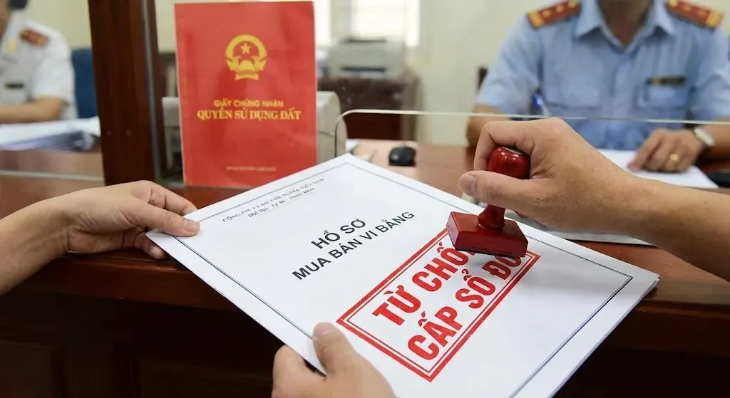 Hình ảnh một bộ hồ sơ mua bán đất bằng "Vi bằng" bị đóng dấu đỏ "TỪ CHỐI CẤP SỔ" tại cơ quan đăng ký đất đai, minh họa cho rủi ro pháp lý không thể sang tên đổi chủ khi mua bán qua vi bằng theo luật mới.