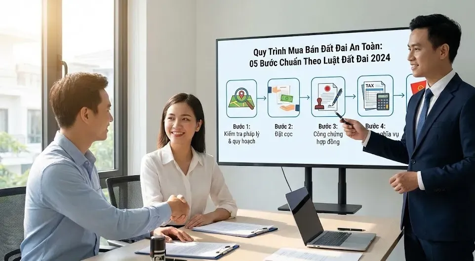 Minh họa quy trình 05 bước mua bán đất đai an toàn theo Luật Đất đai 2024: Kiểm tra pháp lý, đặt cọc, công chứng, kê khai thuế và sang tên Sổ đỏ