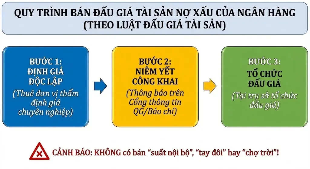 Sơ đồ quy trình 3 bước bán đấu giá tài sản nợ xấu của ngân hàng theo Luật Đấu giá tài sản, bao gồm: Định giá, Niêm yết và Tổ chức đấu giá.
