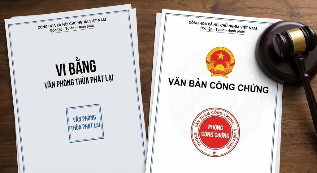Hình ảnh so sánh trực quan trên bàn luật sư: bên trái là "Vi bằng" với dấu vuông xanh (chỉ ghi nhận sự kiện), bên phải là "Văn bản Công chứng" với dấu tròn đỏ quốc huy (đủ điều kiện pháp lý sang tên), minh họa sự khác biệt về giá trị pháp lý.